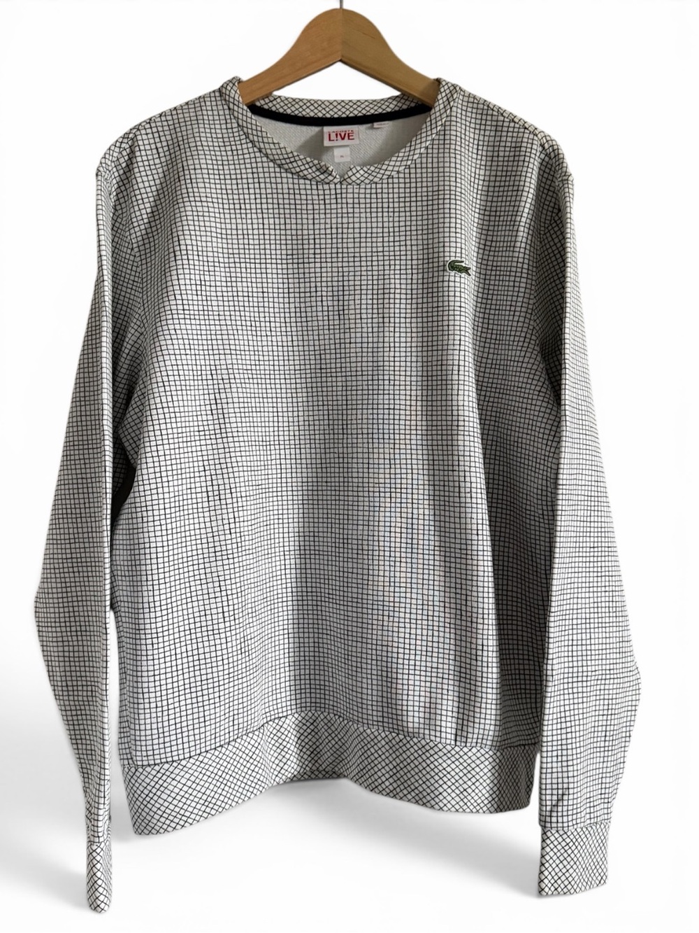 Lacoste L!VE XL Grid Print Sweatshirt White Black French Terry Crewneck